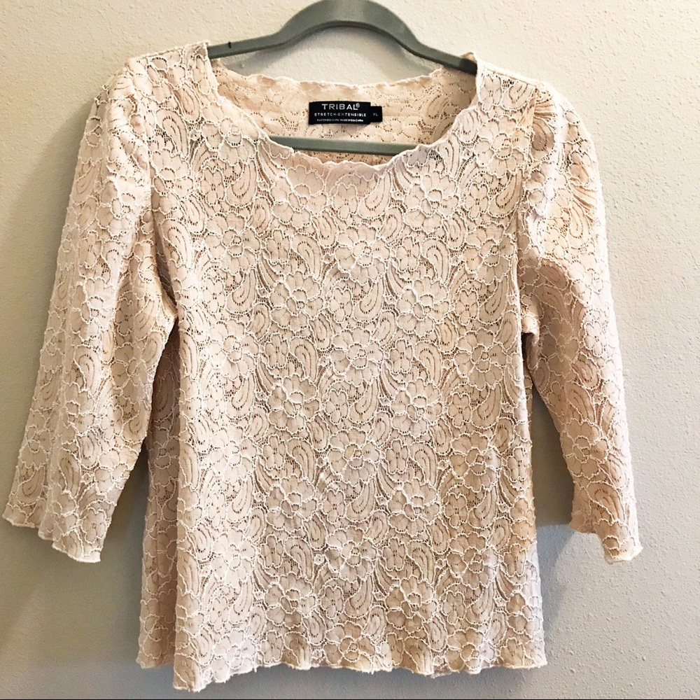 Tribal top cream sheer long sleeve flower XL